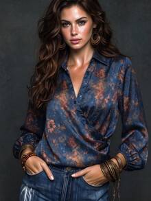 Women's Autumn Bohemian Print Button Satin Design Blouse, Comfortable Fashion Elegant Casual Versatile Commute Top, Autumn/Winter - Navy Blue - View 1