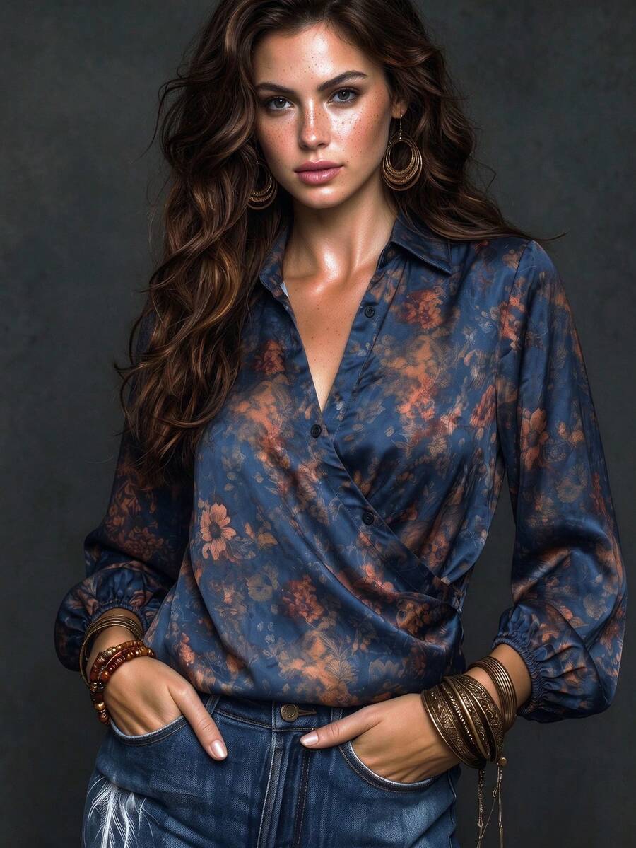 Women's Autumn Bohemian Print Button Satin Design Blouse, Comfortable Fashion Elegant Casual Versatile Commute Top, Autumn/Winter - Navy Blue - View 1