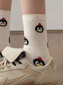 1/4/8 Pairs Random Cute Cartoon Animal Penguin Pattern Comfortable Breathable Mid-Calf Socks For Women - Multicolor - View 8