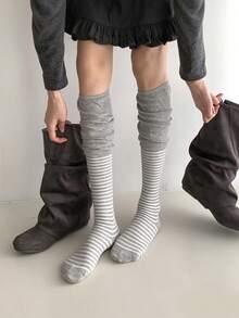 1/2/4 Pairs Of Striped Slouchy Gray Sock, Striped Patchwork Slouch Socks, Versatile Style Slouch Socks - Multicolor - View 2