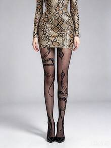 1 Pair Women's Snake Print Fishnet Stockings, Perfect For Parties And Daily Wear - Multicolor - View 5