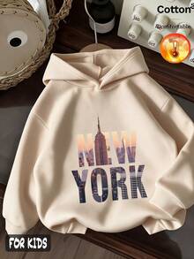 Autumn Winter 3-Piece Girls Fleece Hoodie Set With NYC, NEW YORK And Building Prints Y2K - Apricot + Apricot + Apricot - View 5