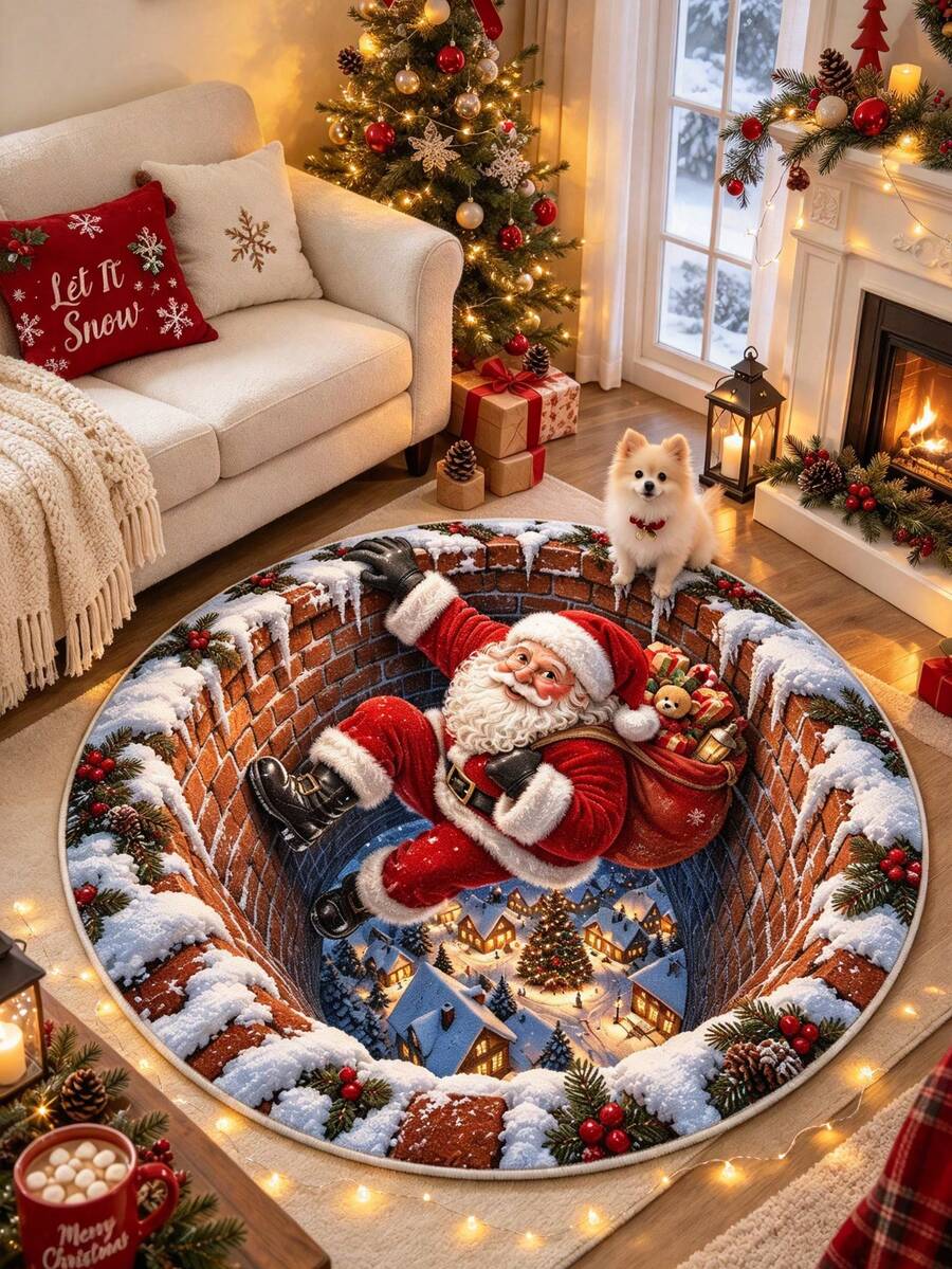 1 tấm thảm trang trí Giáng Sinh hình tròn 3D hiệu ứng thị giác họa tiết Ông già Noel và ống khói, phong cách mới Thu/Đông, phù hợp dùng hàng ngày cho gia đình, trang trí lễ hội, thảm trang trí phòng ngủ, thảm nhỏ, thảm trang trí nhà cửa, thảm phòng khách, thảm nhỏ phòng khách, thảm phòng ngủ, thảm trang trí phòng khách, thảm ngoài trời, thảm có thể giặt được - Nhiều màu - Xem 1