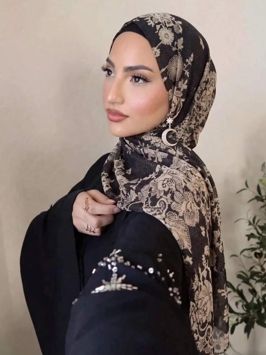 1件女款波希米亞風時尚復古花卉印花黏膠纖維希賈布,柔軟防風披肩圍巾,適合春夏街頭穿搭,百搭日常配件 - 黑色 - 查看 1
