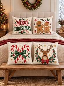 4 Buah Sarung Bantal Natal Vintage Motif Kue Jahe Permen, Dekorasi Liburan Amerika dengan Teks Rusa Kutub dan Permen Tongkat, Cetakan Satu Sisi, Isian Bantal Tidak Termasuk - MultiWarna - View 4