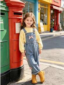 1pc Girls Casual Pink Bow Pocket Decor Overalls Long Pants Autumn - Blue - View 1