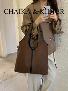1pc Suede Fabric Shoulder Tote Bag, Suitable For Commuting, Shopping, Etc. (With Pendant) - Coffee - View 6
