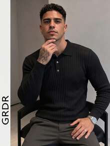 GRDR Men's Autumn/Winter Vertical Ribbed Ribbed Polo Collar Long Sleeve Pullover Knit Sweater Top - Black - View 4