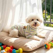Striped Ribbed Dog High Neck Shirt With Bear Embroidery Pet Clothing, Soft And Warm Cat And Dog Home Clothes - Green - View 5
