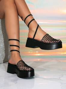 Women's New Black Thick Sole Platform Sandals, Fishnet Hollow Round Toe Rhinestone Spiral Ankle Strap Closed Toe Slides, Party Shoes - Black - View 2