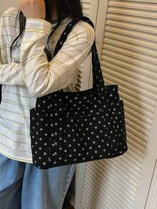 Women's Polka Dot Tote Bag, Large Capacity Shoulder Handbag With Multi Pockets, Casual Lightweight Shopping Bag For Work School - Black - View 3