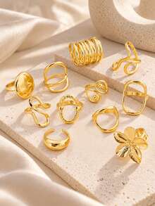 Set Cincin Geometris Bunga Vintage 11 Buah untuk Wanita, Cincin Jari Asimetris Halus Warna Emas, Aksesoris Perhiasan Pernyataan - Yellow Gold - View 2