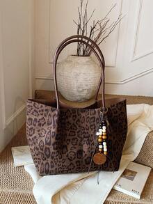 Tas Tote Suede Motif Leopard Wanita, Tas Bahu Besar, Gaya Vintage Bohemian, Cocok untuk Kerja, Perjalanan, dan Perjalanan Sehari-hari (Tanpa Liontin) - Coklat - View 7