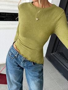 Elegant Solid Color Ribbed Knitted Long Sleeved Top For Autumn And Winter,Versatile For Daily Use, Suitable For Commuting And Going Out On The Streets - Grass Green - View 10