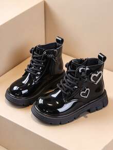 2026 Autumn/Winter New Girls Fashion Shiny Ankle Boots With Sparkling Rhinestone Heart Side Zipper Walking Boots - Black - View 1