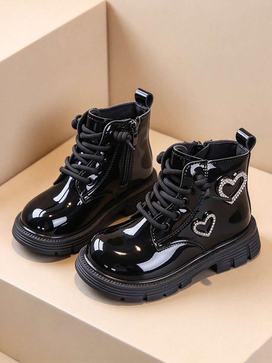 2026 Autumn/Winter New Girls Fashion Shiny Ankle Boots With Sparkling Rhinestone Heart Side Zipper Walking Boots - Black - View 1