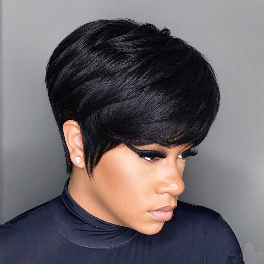 1pc Women's Short Straight Pixie Cut Wig, Human Hair, 6 Inch, 180% Density, Layered Machine-Woven Band With Bangs, Black & BUG Red, Brazilian Remy Hair - Black - View 1