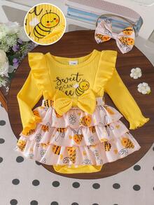 1pc Baby Girl Cute Bee Print Ribbed Romper With Headband, Spring/Autumn Thin Style - Yellow - View 1