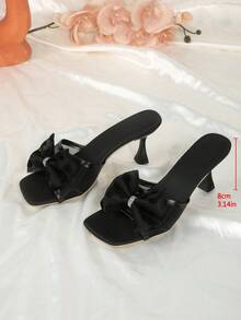 1 Pasang Sandal Wanita Model Mule Hak Tinggi Ujung Persegi Warna Hitam, Sandal Selop Musim Panas dengan Hiasan Pita dan Rhinestone - Hitam - View 3