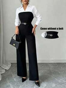 Fashionable Women's Woven Fabric Jumpsuit, Long Sleeve With Collar, Elegant Wide Leg Design, Suitable For All Seasons, No Belt - Black - View 6