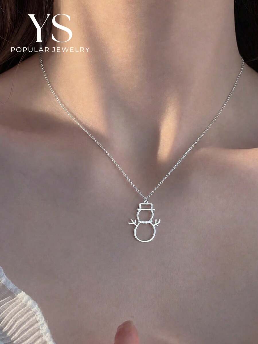 1pc Women's Elegant Snowman Design Necklace, Luxury Christmas Gift Pendant, Silver Color - Snowman - View 1