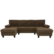 Nubby Upholstery  U-Shaped Sofa, Comfortable Dual Chaise Design With  Upholstered Armrests - Coffee + Wood+Fabric + 4 Seat + Foam - View 5