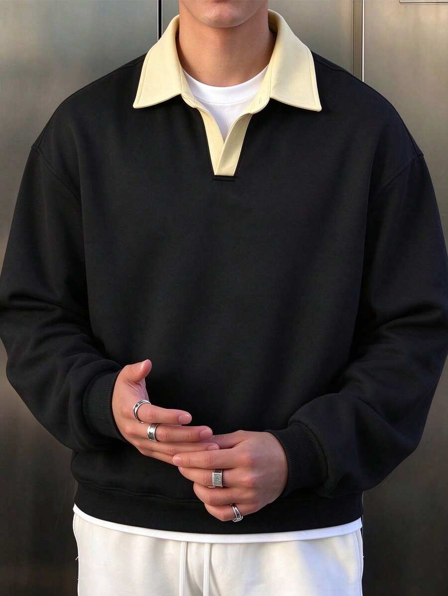 Sweatshirt Polo Berkerah Warna-warni Kasual Minimalis Serbaguna untuk Pria Musim Gugur/Dingin - Hitam - View 1