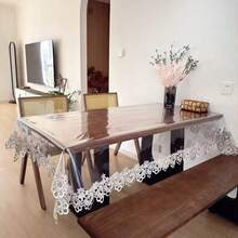 1件透明PVC刺繡蕾絲邊桌布，現代風長方形防水防油防塵PVC桌布，適用於餐桌、咖啡桌、茶几，居家日常裝飾、派對、婚禮與節日 - 彩色 - 查看 3