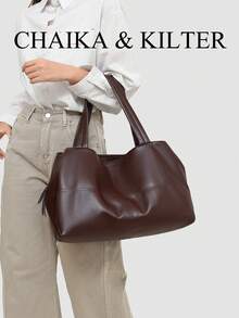 Solid Color PU Fabric Women's Casual Large Capacity Shoulder Tote Bag With Multiple Compartments, Dual Handles And Zipper Closure, Suitable For Daily Shopping And Commuting - Coffee - View 6