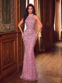 Women's Charming Pink Halter Neck Mermaid Evening Gown, Sleeveless Backless Long Formal Dress, Embellished With Shiny Sequins And Beads, Suitable For Parties - Pink - View 5
