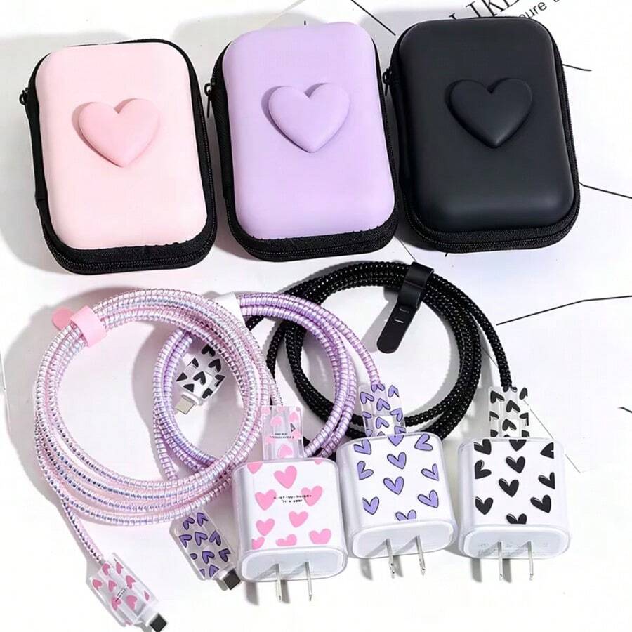 6pcs Sweet Heart Data Cable Protector Set, Hard Shell Heart Storage Bag ...