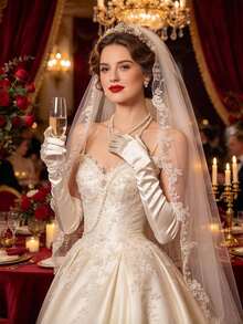 1 Pair Champagne Long Bridal Gloves, Evening Dress Accessory, Satin Elbow Length, Suitable For Wedding, Evening Party - Multicolor - View 1