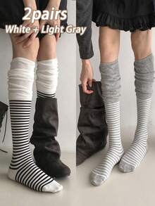 1/2/4 Pairs Of Striped Slouchy Gray Sock, Striped Patchwork Slouch Socks, Versatile Style Slouch Socks - Multicolor - View 11