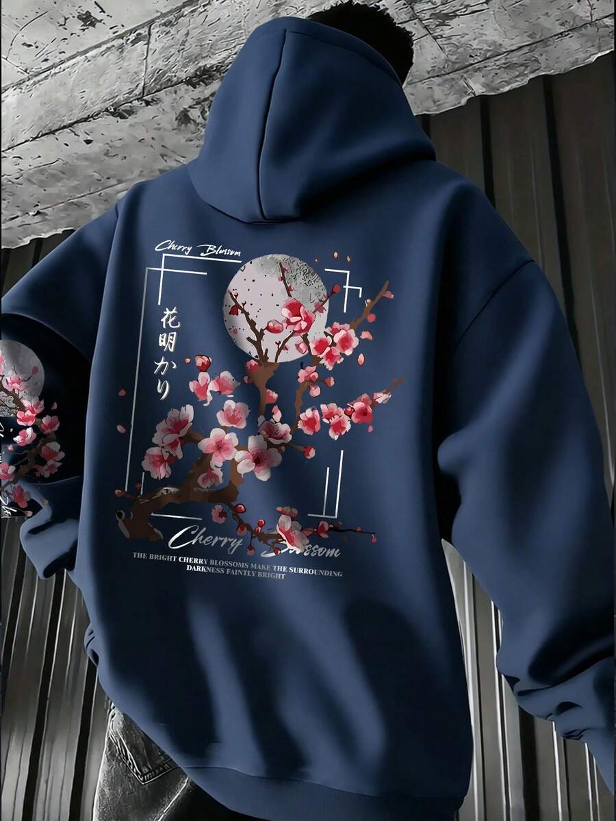 هودي رجالي كاجوال الشارع للخريف/الشتاء بطبعة شعار شجرة زهر البرقوق وجيب كنغر وحبل شد - أزرق بحري - مشاهدة 1