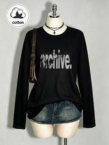 Kaos Lengan Panjang Wanita Arsip Tekstur Usang Cetak Kata Bahasa Inggris Gaya Vintage Amerika Musim Semi/Musim Gugur Kerah Bulat Potongan Longgar 100% Katun Murni - Hitam - View 6