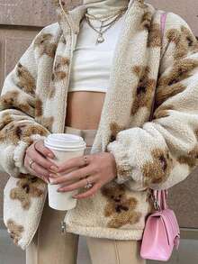 SCARLUX Women Y2K Winter Sherpa Fleece Jacket, Cute Teddy Bear Print Zip Coat, Back To School Daily Commute Christmas Outerwear - Apricot - View 5