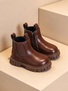 1 Pair Kids Chelsea Boots, Side Elastic Zipper, Thick Sole Anti-Slip Ankle Boots, Vintage Versatile Boots Suitable For Spring And Autumn Daily Wear - Brown - View 6