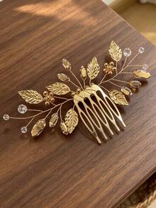 1pc Gold Leaf Texture Rhinestone Flower Crystal Bead Metal Hair Comb, Women's Bridal Hair Accessory, Elegant Updo Hair Ornament For Wedding And Party - Multicolor - View 3