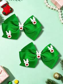 2Pcs Girls Christmas Green Grosgrain Ribbon Bow Hair Clips, Cartoon Reindeer, Christmas Decor Bow Hair Clips, Kids Xmas Party Hair Accessories - Green - View 3