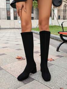 Women's Knee-High Boots, Straight Shaft With Contrast Stitching, Elastic, No Pattern, Square Toe, Side Zipper, Block Mid-Heel, Minimalist Elegant Style, Suitable For Evening Party, Casual Gathering, Commuting, Party, Autumn/Winter - Black - View 6