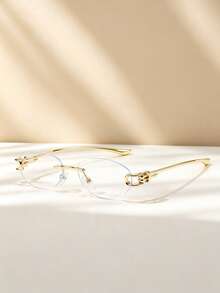 1 Pair Unisex Gold Transparent Rimless Round Metal Frame Plain Lens Glasses Old Money Style High Intelligence Look Metal Chain Beauty Blue Light Glasses Fake Glasses Suitable For Phone Computer Back To School Season Gift - 1 Pc - View 6