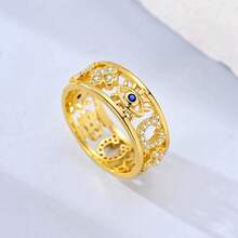 1Pc 18k Gold Plated Hollow Multi Pattern Wide Band Ring Eye Clover Design Statement Ring For Women Jewelry Gift Perfect For Party And Daily Wear - Gold - View 1