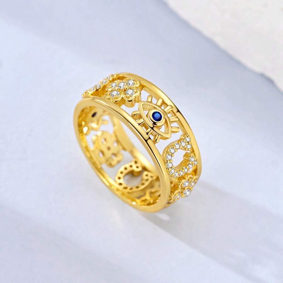 1Pc 18k Gold Plated Hollow Multi Pattern Wide Band Ring Eye Clover Design Statement Ring For Women Jewelry Gift Perfect For Party And Daily Wear - Gold - View 1