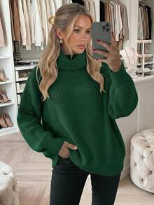 New Women's Casual Fashionable Minimalist Solid Color Knitted Turtleneck Sweater, Autumn/Winter Fall - Dark Green - View 10
