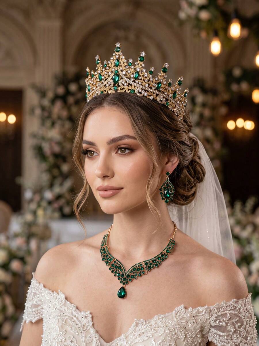 Wedding Fashion Jewelry Set Bridal Accessories Rhinestone Crown Elegant Necklace Earrings 4pcs Wedding Dress Party Halloween Use
