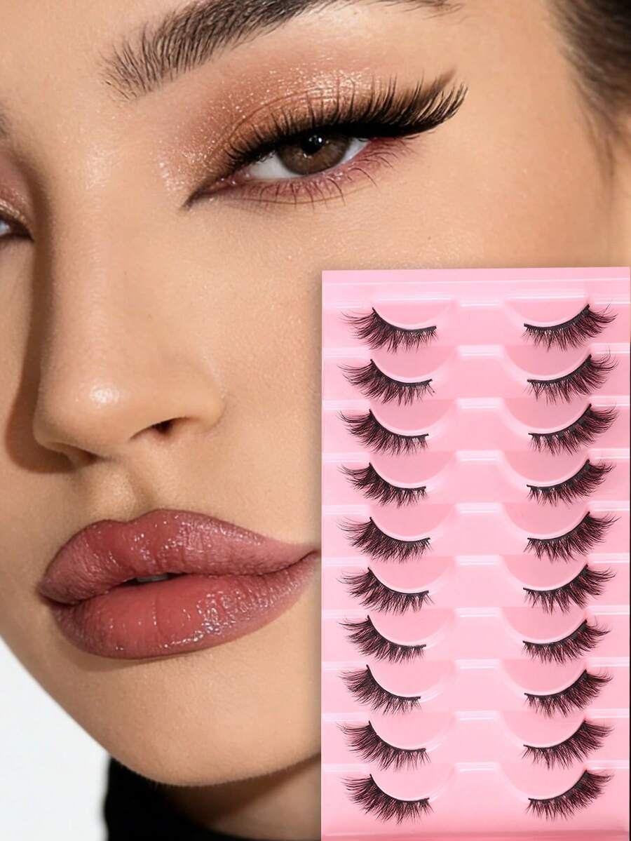 10 Pairs Full Strip Half-Eye False Eyelashes, Fox-Style Winged Tail Design, Eye-Enlarging, Reusable, Natural Soft Lightweight, Suitable For Daily, Date, Party Eye Makeup, For Women Beginners, Natural Fluffy Look, Handmade - View 1