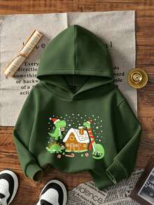 Boys Christmas Dinosaur Gingerbread House Print Hoodie - Green - View 6
