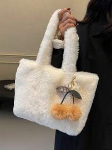 1pc Autumn/Winter Plush Shoulder Bag, Large Capacity Handbag, Cute Cherry Charm Fluffy Tote, Versatile Daily Commute Underarm Bag - Multicolor - View 3