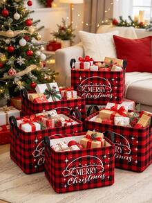 This Open-Style Santa Claus Storage Basket/Bin Features A Festive Red Plaid Design And Convenient Handles; Collapsible And Suitable For Storing Clothing, Accessories, And Cosmetics, It Is An Ideal Choice For Home Organization. - Multicolor - View 1