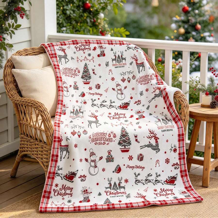 1pc White Background Red Plaid Border Christmas Reindeer Snowman Tree Print Flannel Throw Blanket, Holiday Sofa Blanket - Multicolor - View 1